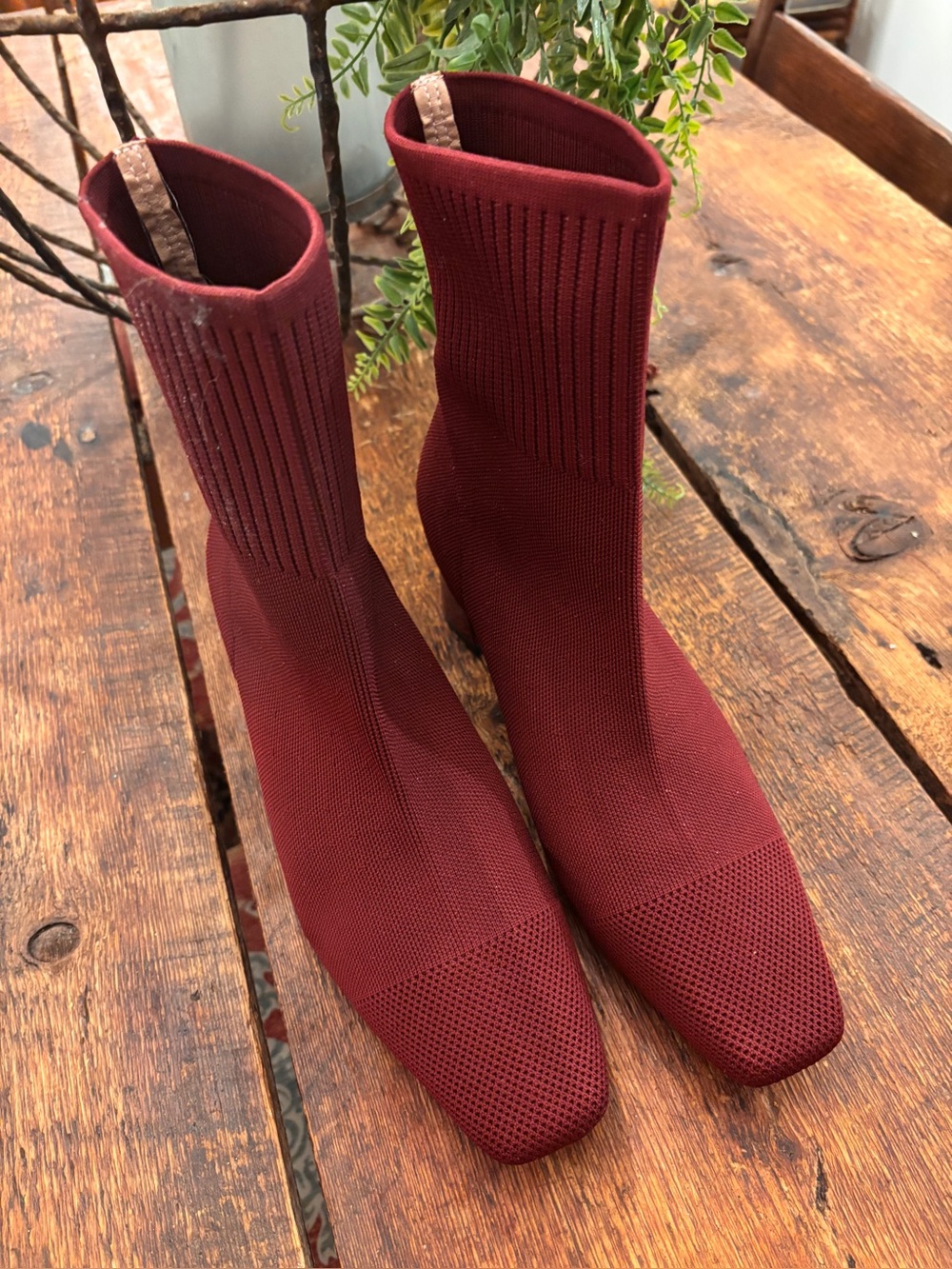 Wine Burgundy Booties Knit Stretch Sock Ankle Ultra Comfy 2” block heel Size 43